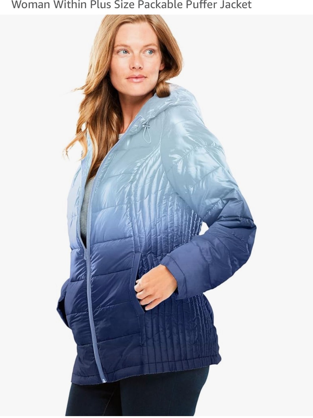 Woman Within Ombre Light-to-Dark Blue Packable Puffer Jacket